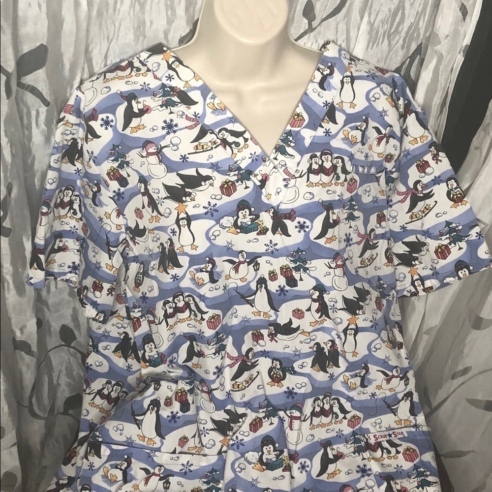 4/$35 Penguin scrub top Scrubstar Large Winter